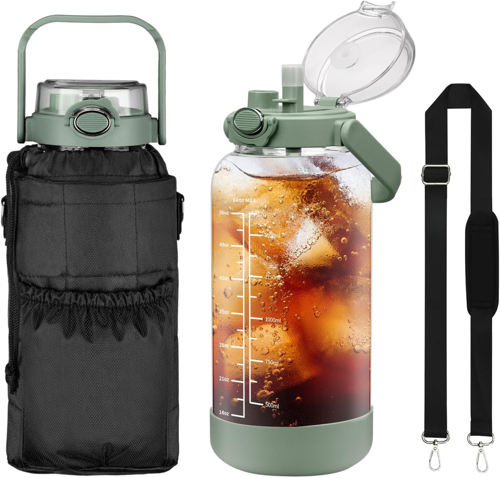 64oz Glass Water Bottle with Straw and Sleeve Half Gallon Motivational Water Bottle with Time Marke and Strap 2L Leakproof Borosilicate Reusable Water Jug for Gym Outdoors