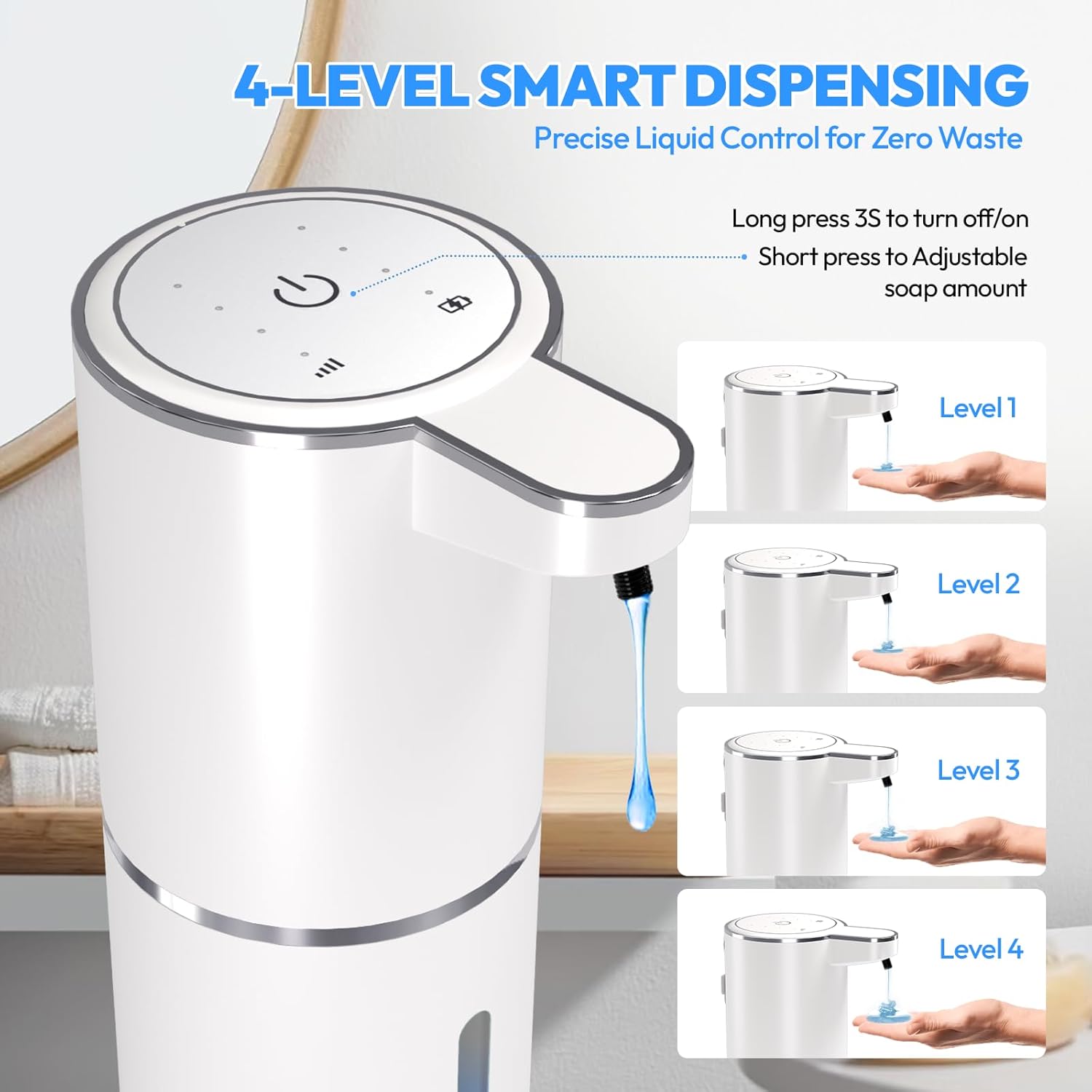 2 Pack Automatic Soap Dispenser Touchless,Liquid Hand Soap Dispenser 12.8oz USB 4levels Adjustable Dispenser Electric Wall Mounted Smart for Bathroom and Kitchen Dish Soap，Easy for Toddlers(White)