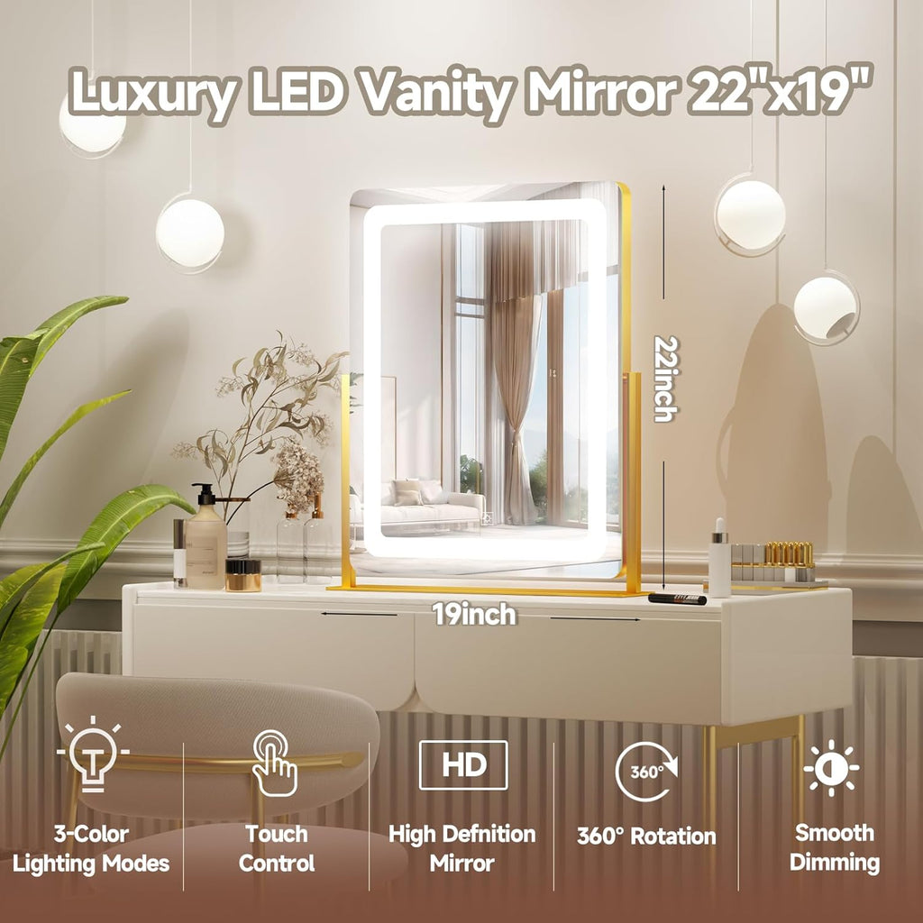 PRIMETEK Vanity Mirror with Lights, 19"x22" Large Makeup Mirror with Lights, LED Lighted Makeup Mirror, Touch Screen with 3-Color Lighting, Dimmable for Vanity Desk Tabletop, Bedroom, Gold