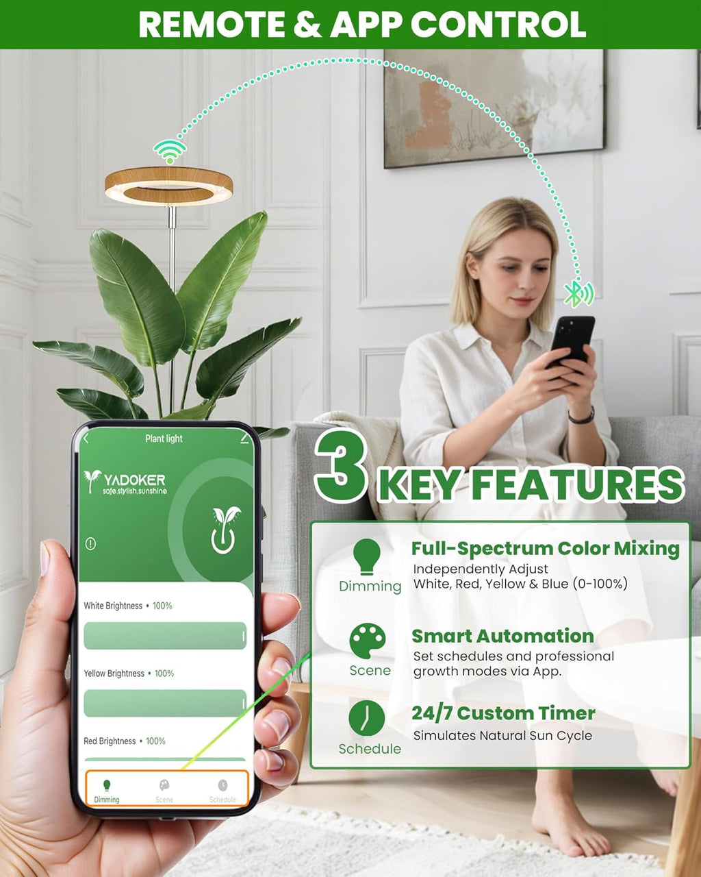 yadoker Plant Grow Light, Smart Plant Light Works with Alexa,Google for Indoor Plants,Height Adjustable,Customized Light Brightnesss,Multiple Timers