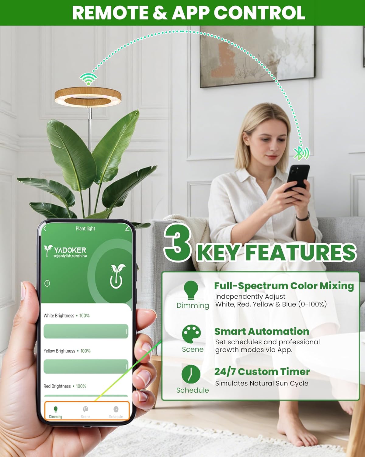 yadoker Plant Grow Light, Smart Plant Light Works with Alexa,Google for Indoor Plants,Height Adjustable,Customized Light Brightnesss,Multiple Timers