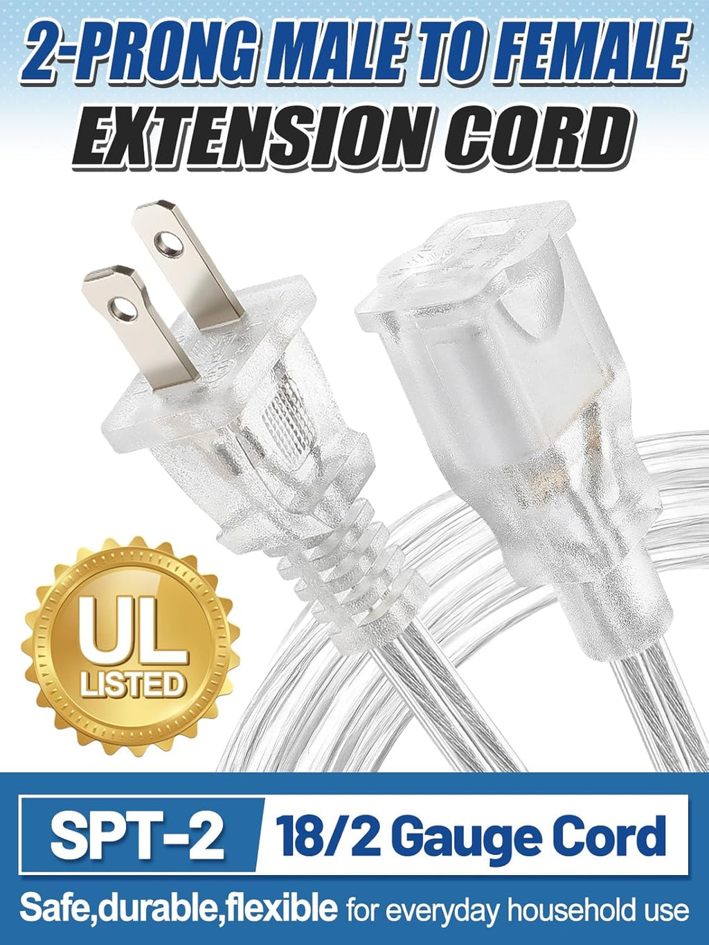 6ft Clear Extension Cord - Male to Female Invisible Indoor Thin 2 Prong Power Cable for Christmas Light Extension Cord, UL-Certified (2 x 18 AWG 250V 6A)