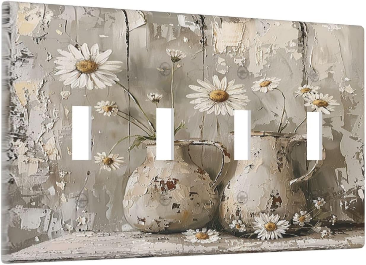 Light Switch Covers Vintage Rustic Floral White Daisy Flower Oil Painting Style Quad Toggle Electrical Faceplate 4 Gang Wall Plate Decorative Switch Plates for Home Farmhouse Decor