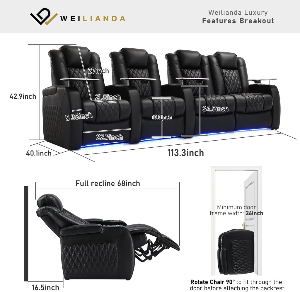 Weilianda Home Theater Seating Top Grain Leather Zero Gravity Recliner Chair Power Headrest Recline Movie Seat Gaming 7 Colors Mood Light Sofa with Tray Table USB Charge Row of 4 Loveseat Right Black