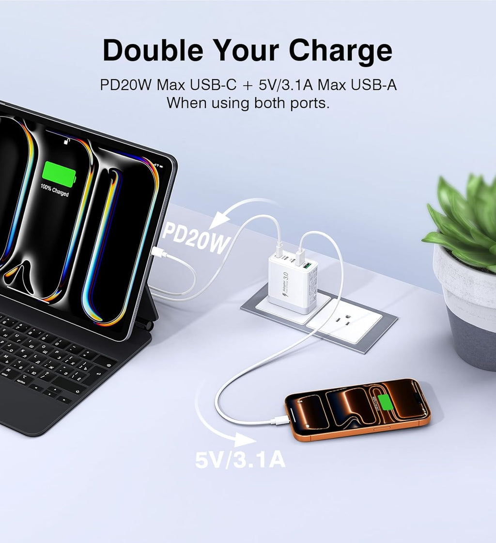 USB C Charger Block, [2-Pack] 60W 5-Port Fast Charger 20W Type C Charging Block 3.1A USB Wall Charger Dual Port PD+QC Charging Cube for iPhone 17 16 15 14 13 12 Pro Max XS, iPad, Samsung Phone, Tablet