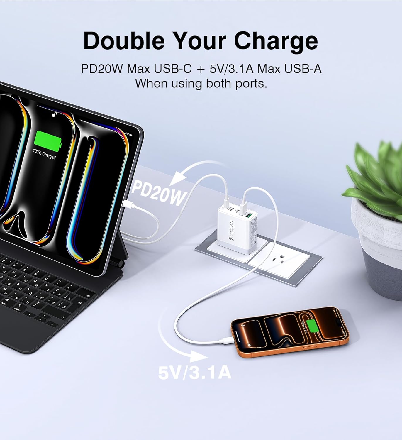 USB C Charger Block, [2-Pack] 60W 5-Port Fast Charger 20W Type C Charging Block 3.1A USB Wall Charger Dual Port PD+QC Charging Cube for iPhone 17 16 15 14 13 12 Pro Max XS, iPad, Samsung Phone, Tablet