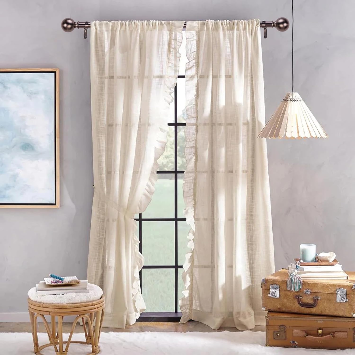 Brushed Nickel Curtain Rods for Windows 18 to 145 inches, 1 Inch Modern Metal Drapery Rods, Adjustable Heavy Duty Curtain Pole with Round Finials(18"-145"Dark Red)