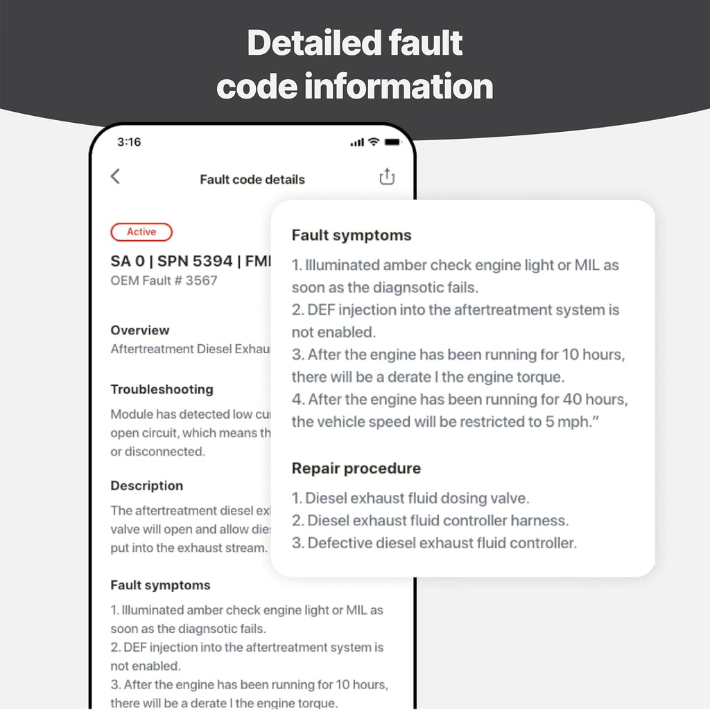 OTR Diagnostics HD Scan Tool (Updated 2025 Adapter): Forced Regen, Read & Reset Fault/P-Codes, Live Data, Bi-Directional Commands, Fault History. iOS/Android, 1-Year Subscription, Premium Support.
