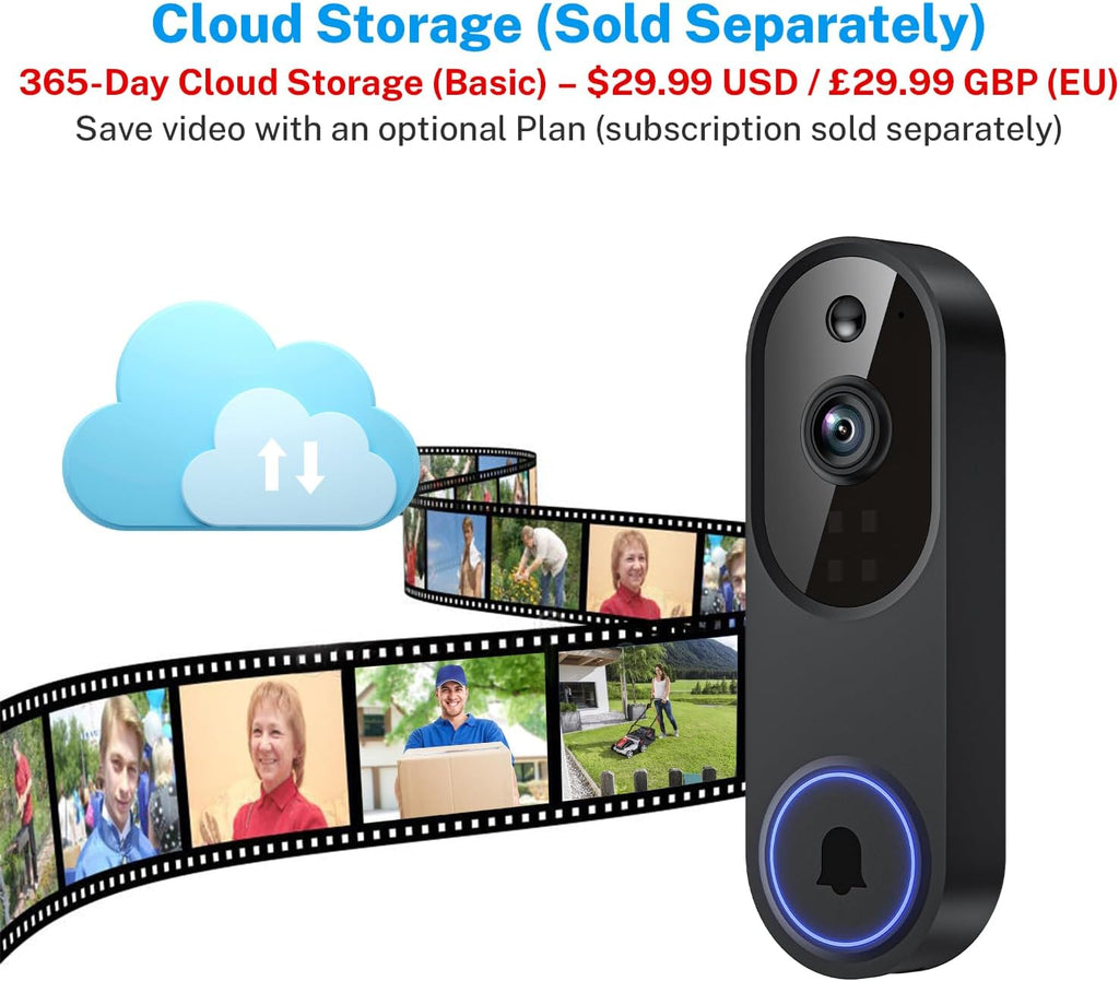 1080p Wireless Video Doorbell Camera, Battery Powered, AI Human and Motion Detection, 2 Way Talk, Night Vision, Cloud Storage (Sold Separately), 2.4G WiFi Only, Indoor/Outdoor Surveillance