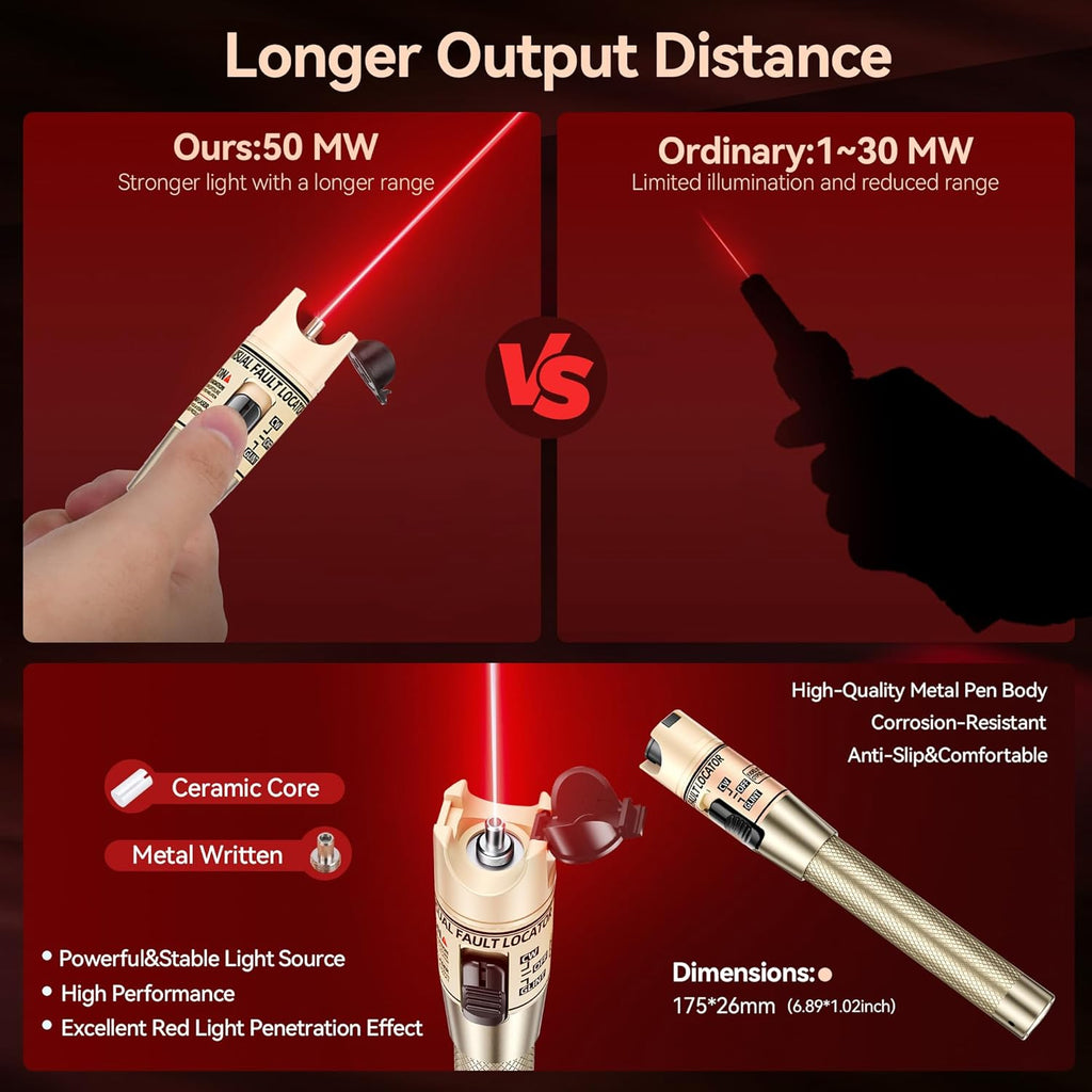 VFLVisual Fault Locator Kit 50mw,Fiber Optic Cable Tester Tool Kit,Fiber Red Light Pen Tester with 2.5mm Universal Connector 2pcs FC-LC Adapter & 1pc LC, SC, FC Coupler & 3 1.5m Patch Cords