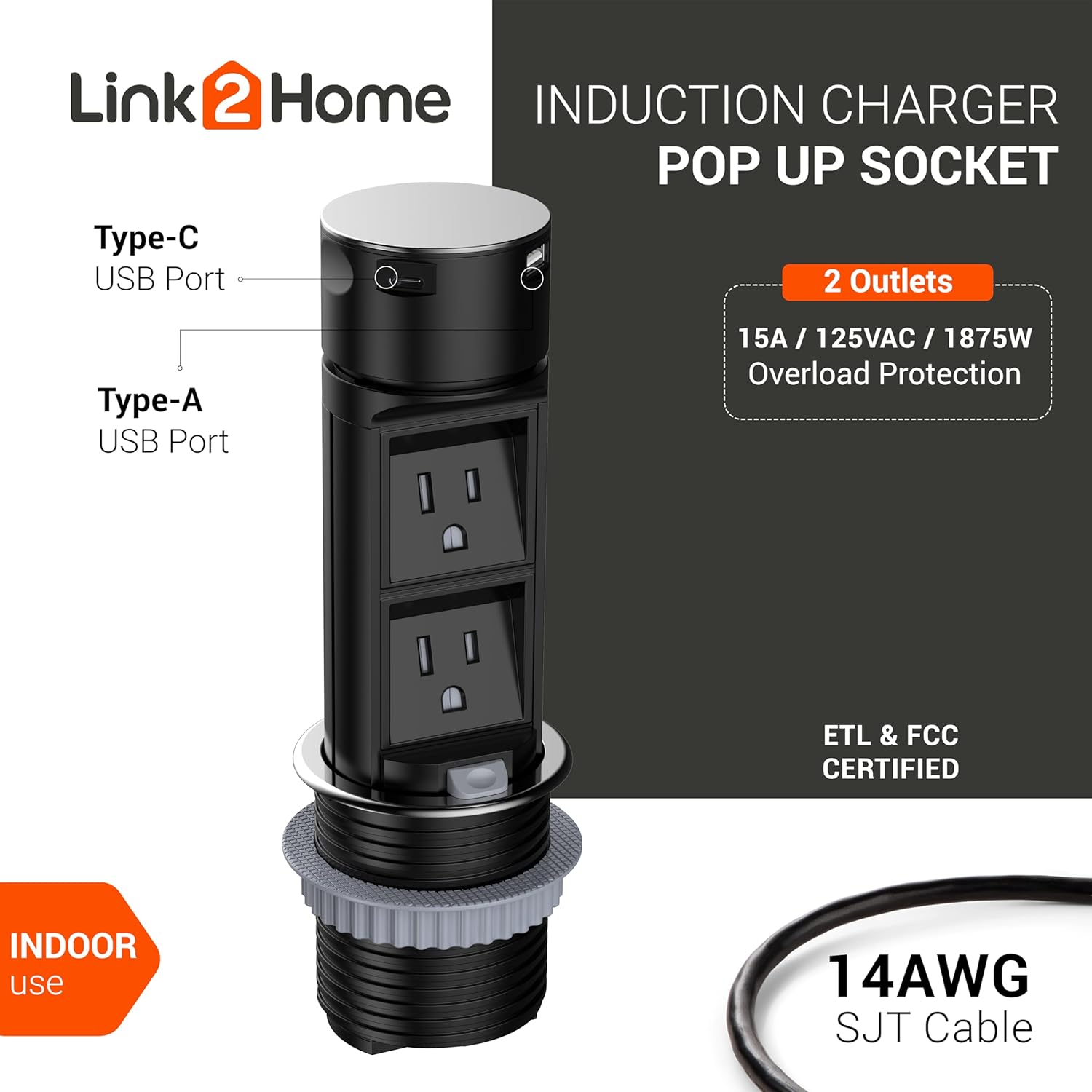 Link2Home Pop Up Outlet with 2 AC Power Outlets, 2 USB A/C Ports, 2.4A Fast Charge, Splash Resistant, Stainless Steel Retractable Socket for Kitchen Counter or Desk