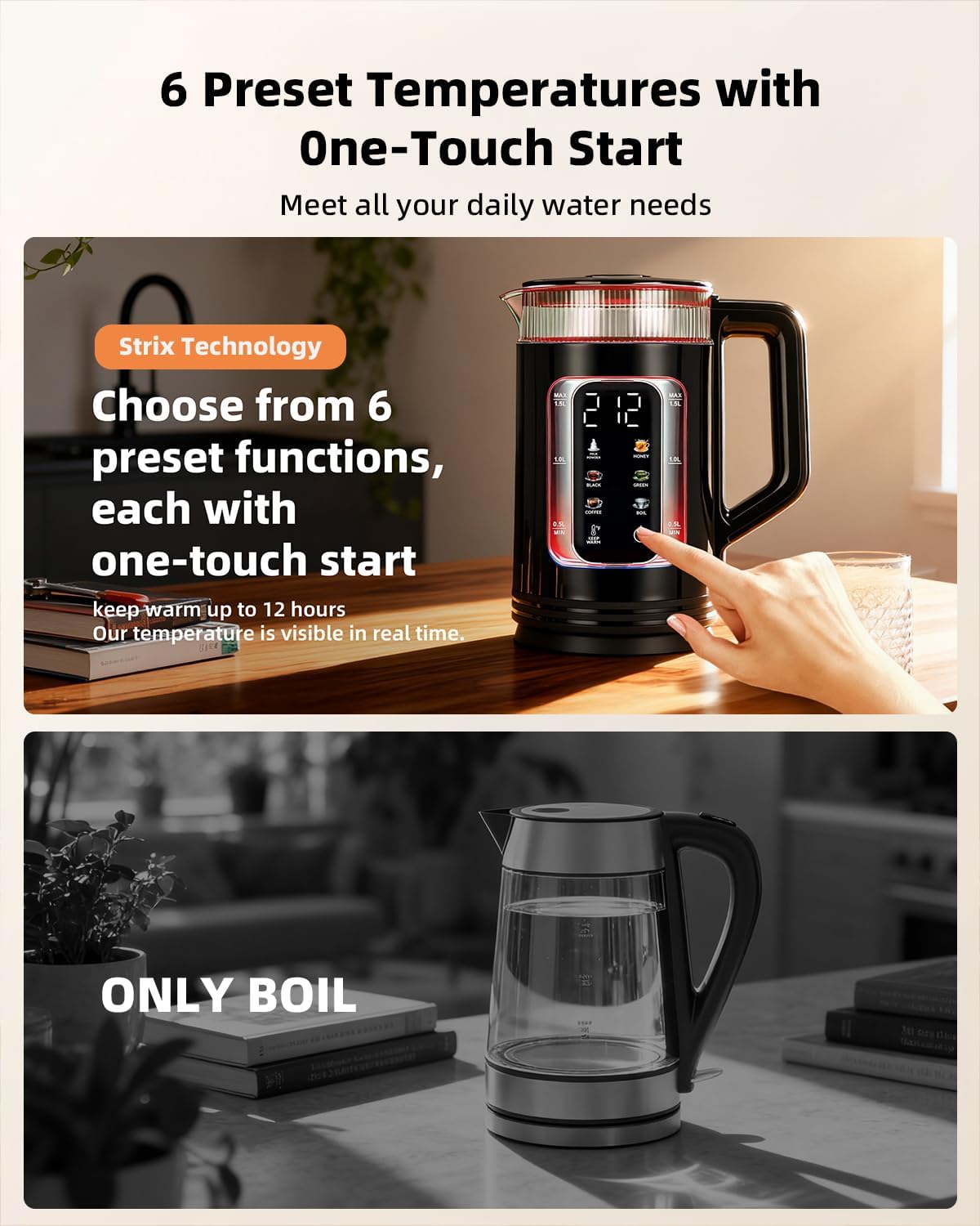 Electric Tea Kettle with Temperature Control, 1.5L Glass smart Water Boiler for Tea, Coffee & Boil, Automatic Shut Off, 12h Keep Warm & One-Touch 6 Presets