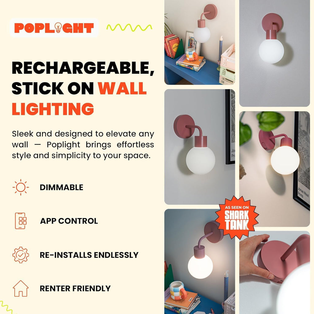 Wireless Wall Sconce (Shark Tank) Rechargeable & Dimmable LED Light w/App Control & Damage-Free Install, Moveable Modern Ambient Lighting for Elegant Home & Bedroom Decor | Dusty Rose