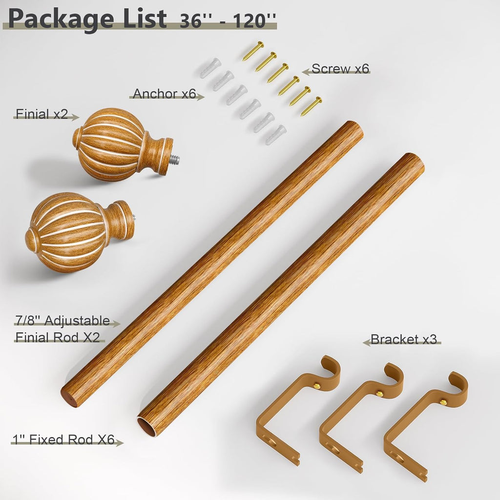 Wood Curtain Rods for Windows 66 to 120 Inch, 1'' Adjustable Heavy Duty Curtain Rod，Vintage Decorative Drapery Rods with Pumpkin Finials for Bedroom Living Room