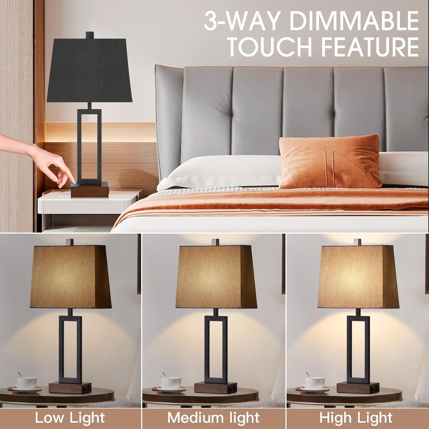Touch Control Table Lamps Set of 2, Modern Bedside Lamps with 2 USB Charging Ports & AC Outlet, 3-Way Dimmable Wood Nightstand Lamp for Living Room Bedroom End Table Office Black(2 LED Bulbs Included)