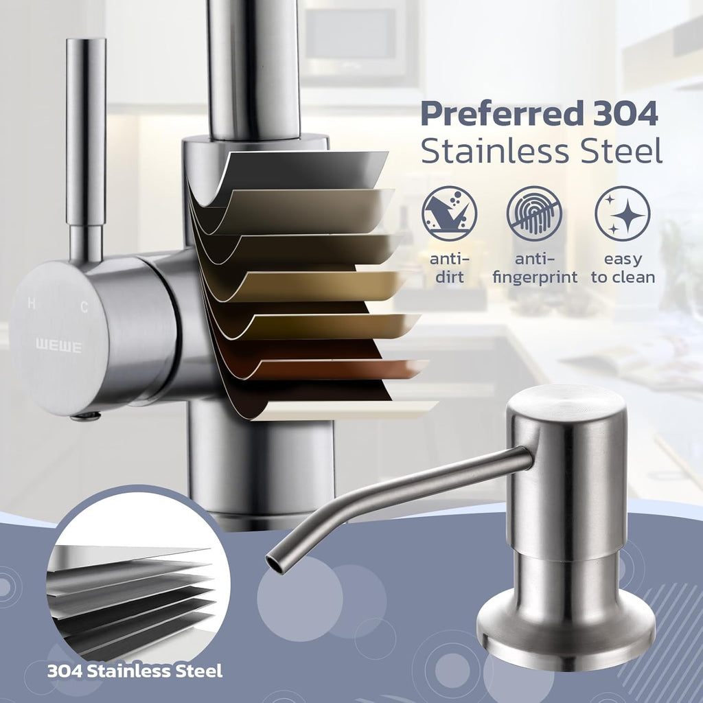 WEWE Kitchen Sink Faucet with Soap Dispenser, Kitchen Faucet with Pull Down Sprayer 3 Modes Stainless Steel Single Handle Single Hole Pull Out Brushed Nickel Faucet for Bar Laundry RV Utility Sink