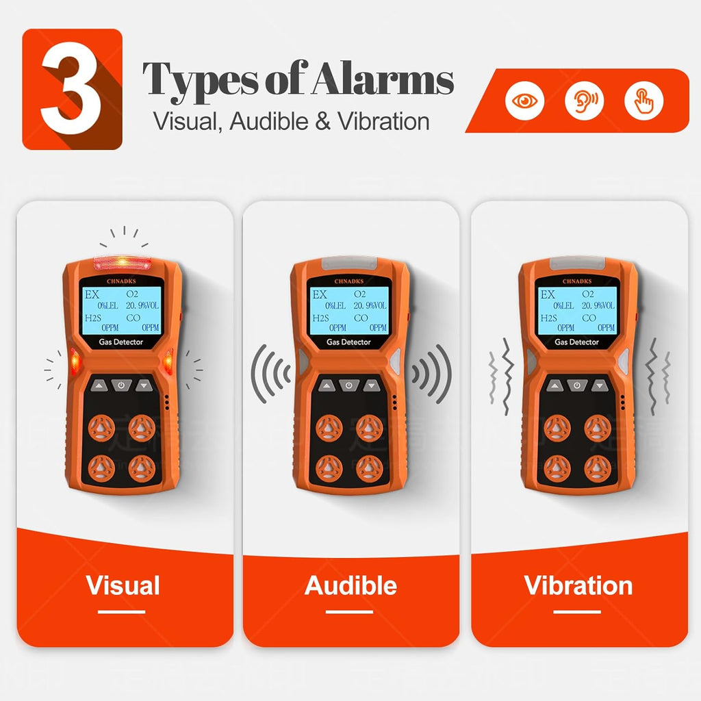 ADKS-4 Portable Gas Detector, 4 Gas Monitor H2S,O2,CO and LEL Multiple Indicator with Vibration, Audible, Visual 4 Gas Monitor Personal Rechargeable Gas Sniffer Alarm with LCD