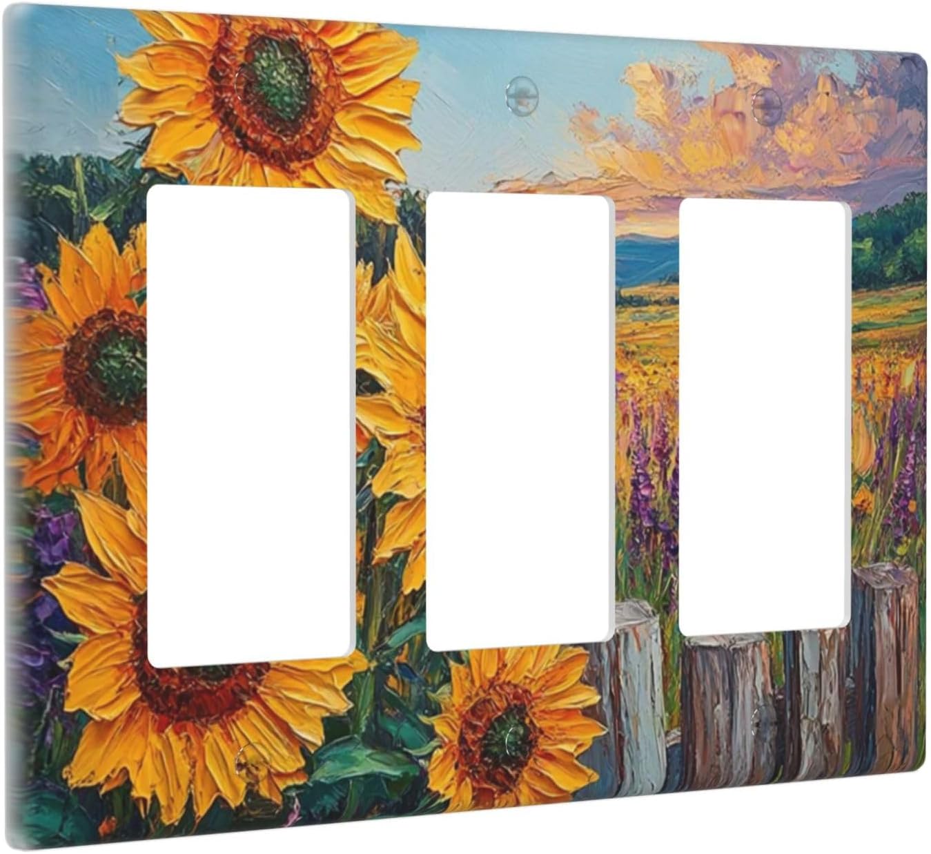 Decorative Outlet Covers Rustic Wilderness Sunflower Lavender Muzha Oil Painting 3 Gang Wall Plate Triple Rocker Light Switch Cover Plate Jumbo Electrical GFCI Faceplate