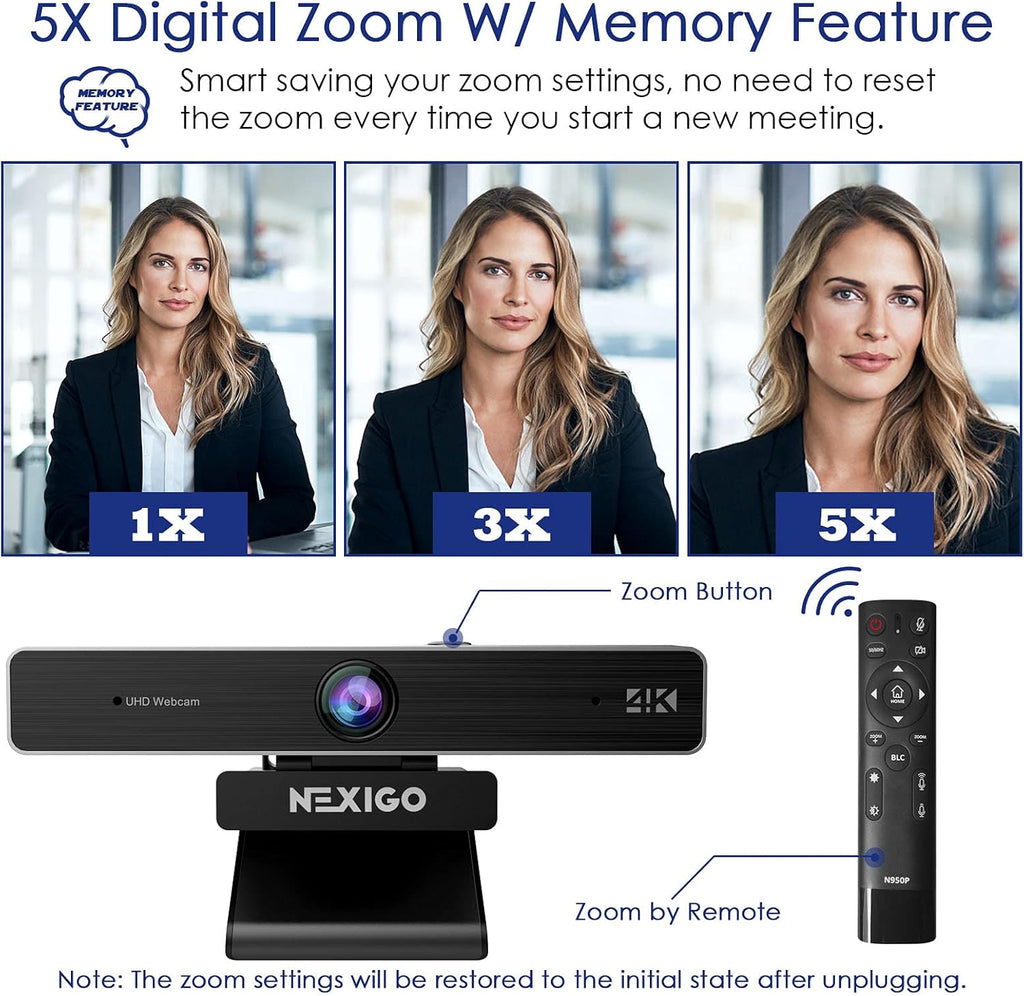 NexiGo Zoom Certified, N950P (Gen 2) 4K Zoomable Webcam, RF Remote, Sony_Starvis Sensor, 5X Digital Zoom, Pro Web Camera with Dual Stereo Mics