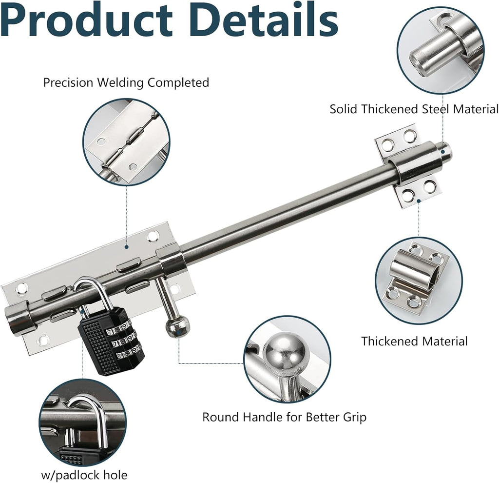 Sliding Bolt Door Latch, 201 Stainless Steel Barrel Bolt Lock, 30mm Combo Padlock Included, Heavy Duty Slide Gate Latch with 12 Screws, Silver Finish