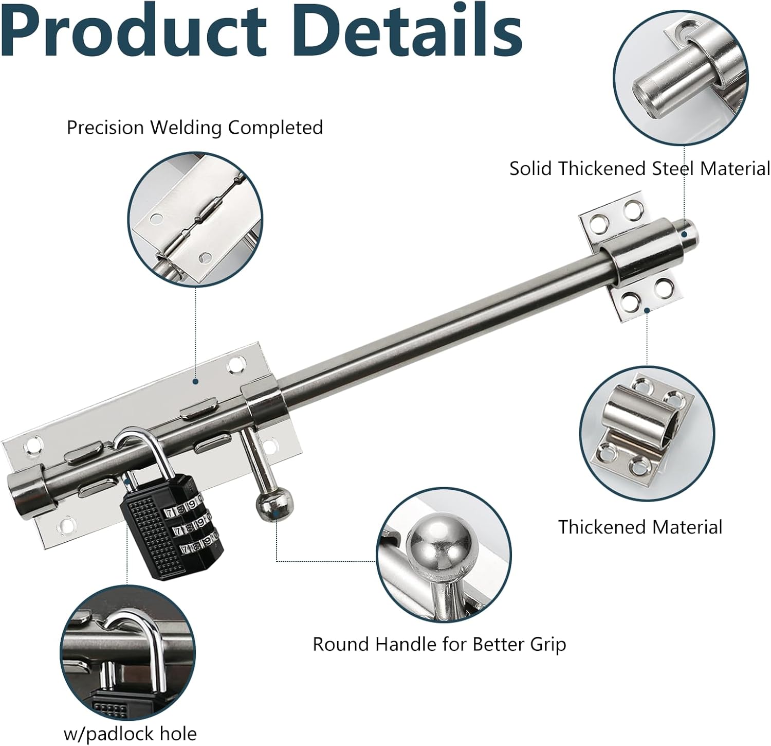 Sliding Bolt Door Latch, 201 Stainless Steel Barrel Bolt Lock, 30mm Combo Padlock Included, Heavy Duty Slide Gate Latch with 12 Screws, Silver Finish