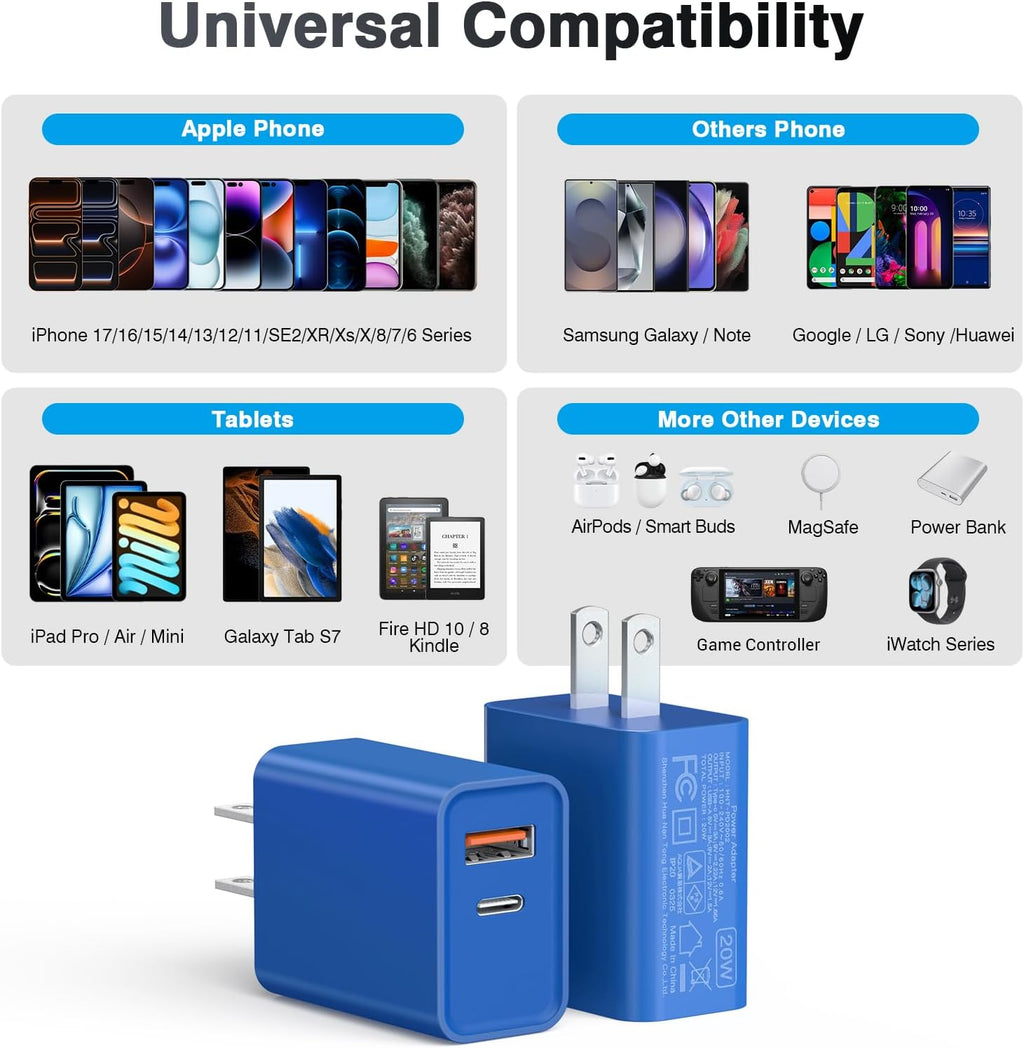 2 Pack USB C Charger, 20W PD Fast Charger Dual Port Plug Type C Charger Compatible for iPhone 12/13/14/15/16/17/Pro/Pro Max/Plus/X/SE3 iPad Pro Cube,Galaxy S25/S24 Dark Blue