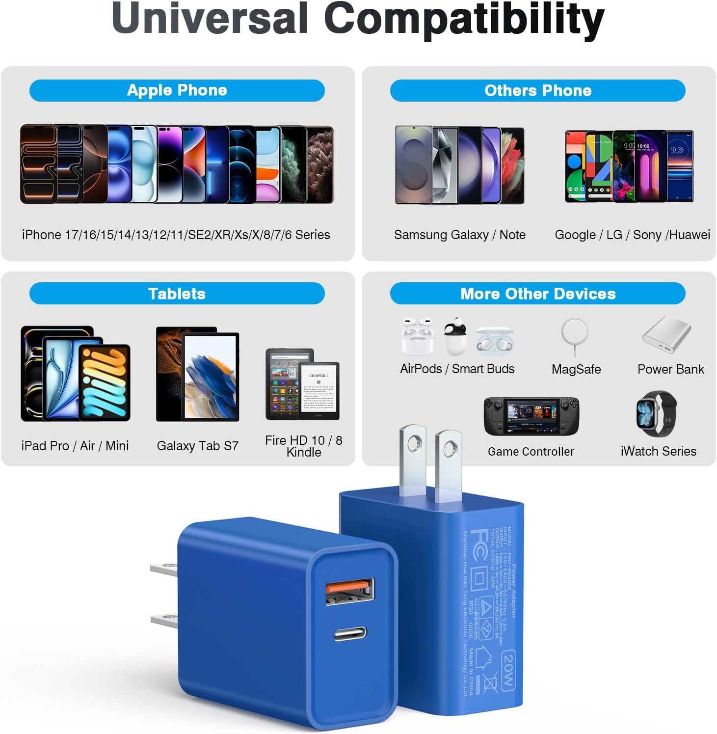2 Pack USB C Charger, 20W PD Fast Charger Dual Port Plug Type C Charger Compatible for iPhone 12/13/14/15/16/17/Pro/Pro Max/Plus/X/SE3 iPad Pro Cube,Galaxy S25/S24 Dark Blue