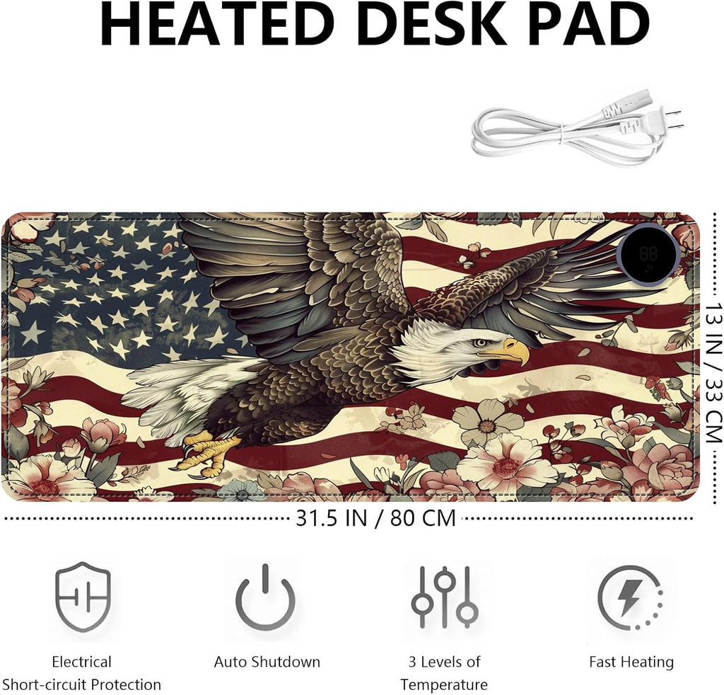 Heated Mouse Pad with 3 Levels Heated & 3 Hours Auto Shut-Off Mouse Pad for Warming Hands in Office Home, 31.5" x 13"Large Safe Desk Mat Hand Warmer，Flying Eagle Flag Flowers