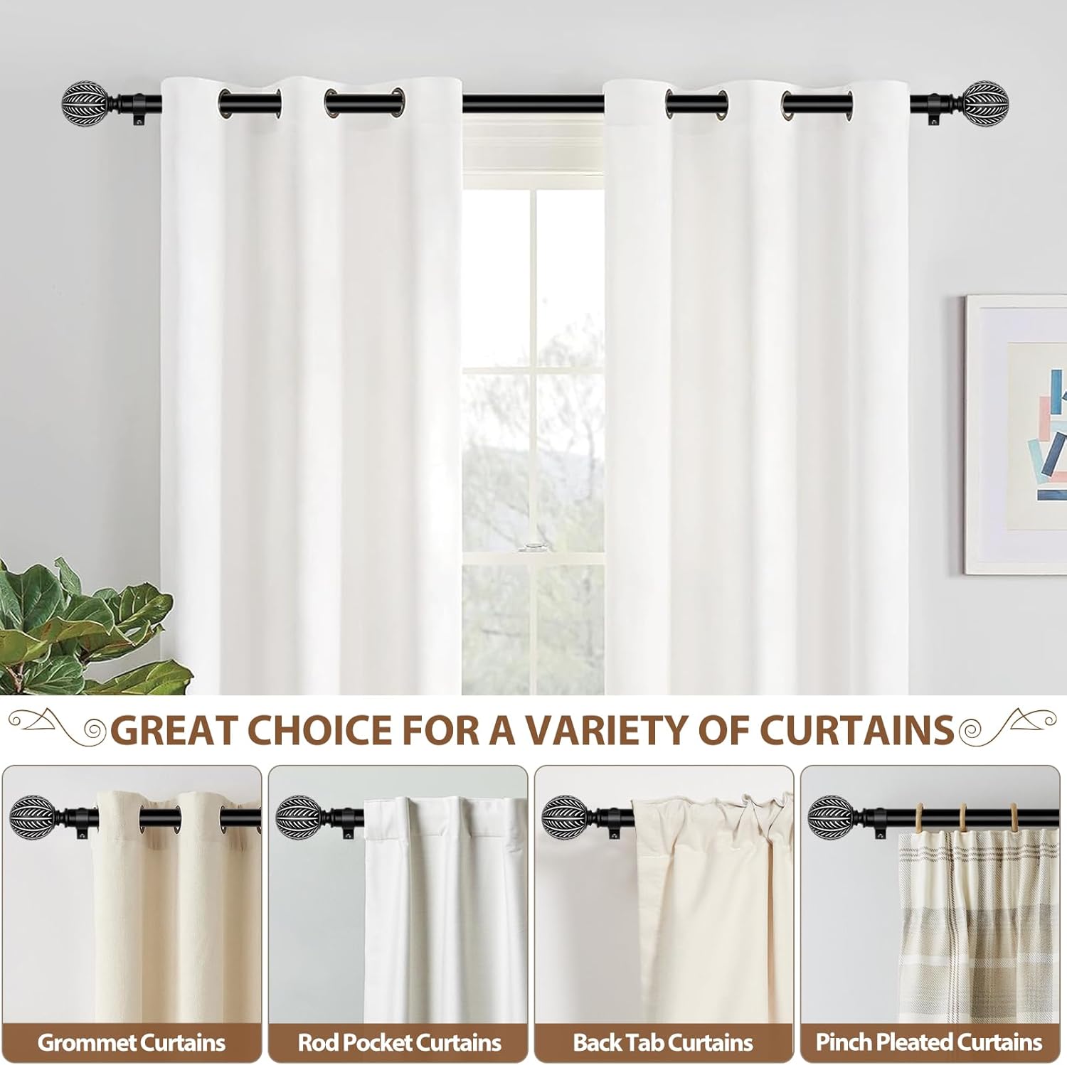 KAMANINA Wood Curtain Rods for Windows 66 to 120 Inch(5.5-10ft), 1 Inch Adjustable Drapery Rod, Decorative Heavy Duty Curtain Rods with Leaf Pattern Finials, Black