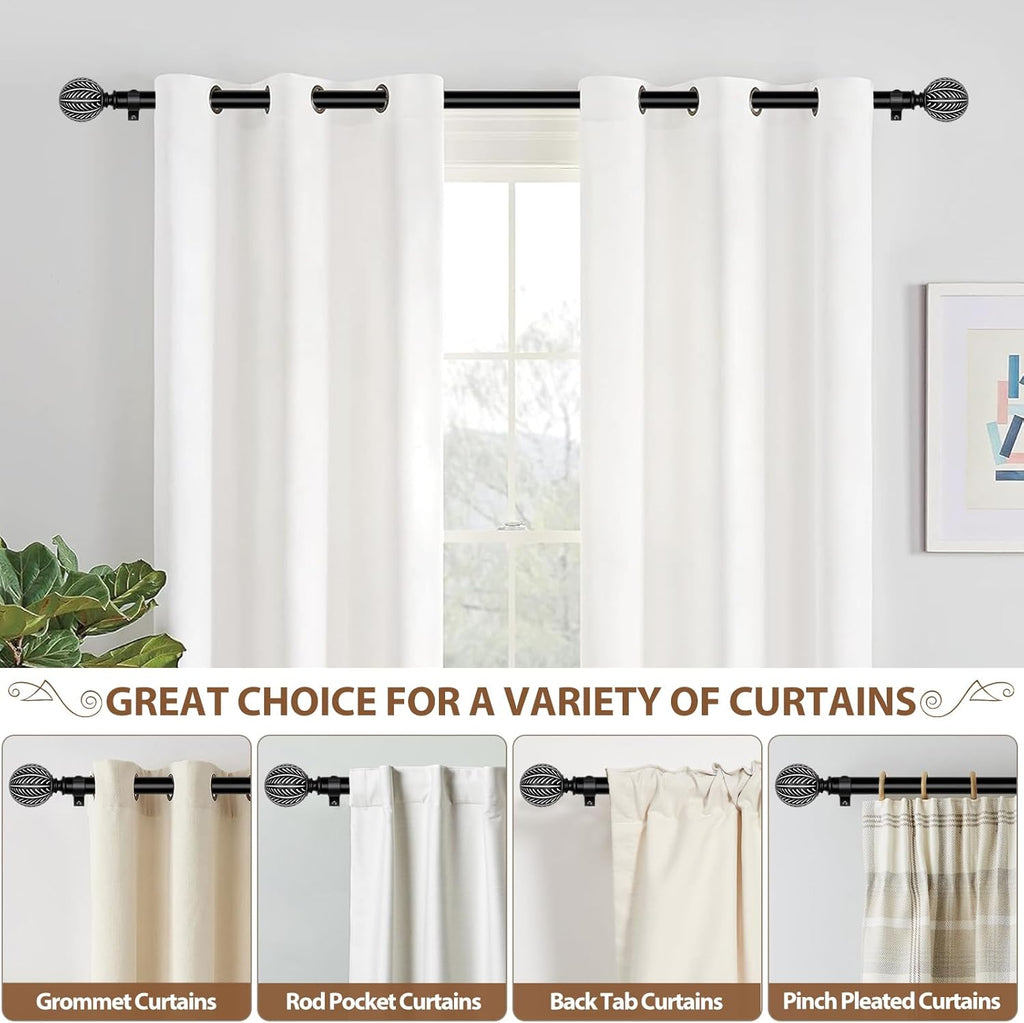 KAMANINA Wood Curtain Rods for Windows 72 to 144 Inch(6-12ft), 1 Inch Adjustable Drapery Rod, Decorative Heavy Duty Curtain Rods with Leaf Pattern Finials, Black