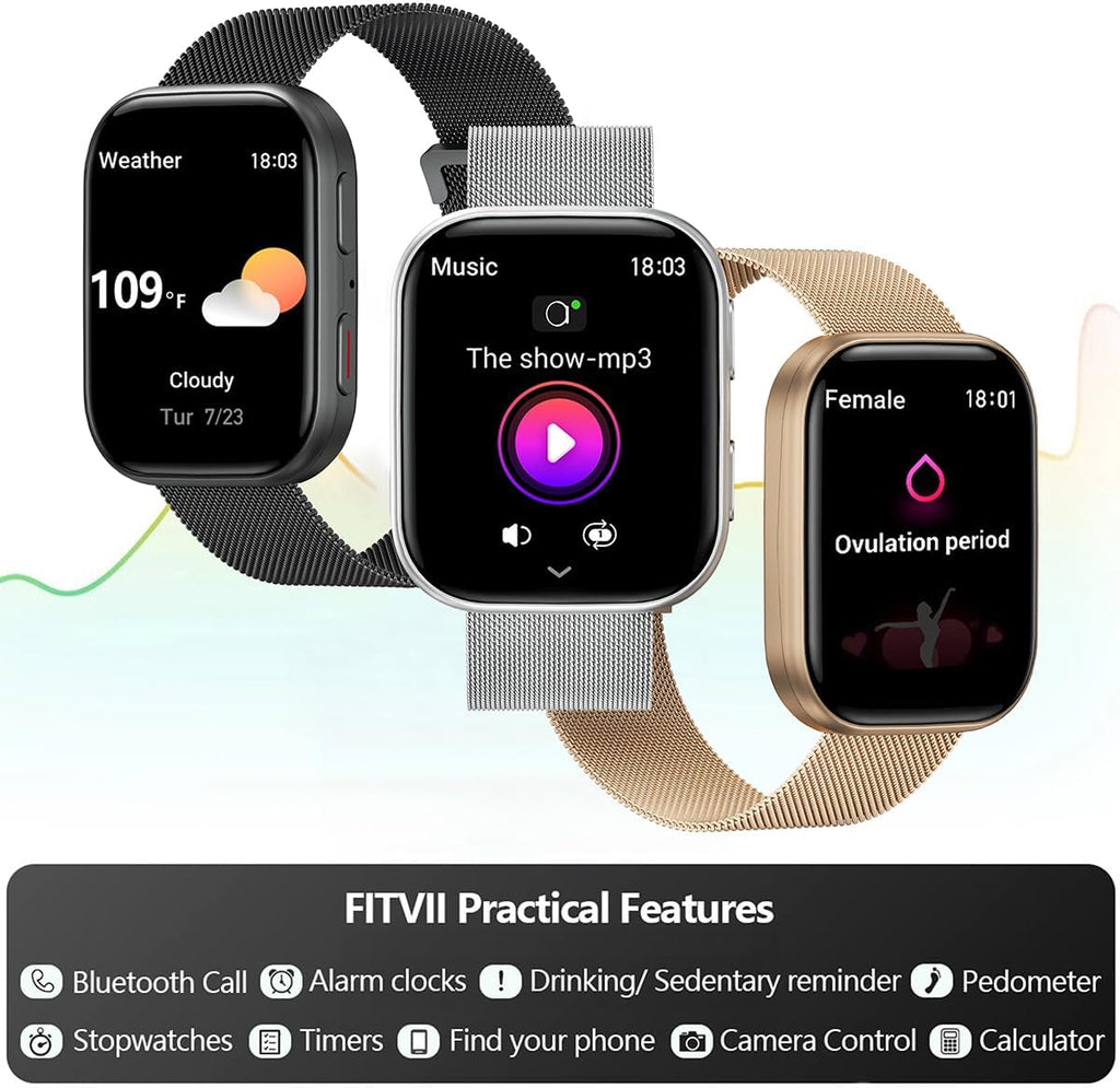 FITVII Health & Fitness Tracker (Answer/Make Calls), Smart Watch with 24/7 Heart Rate and Blood Pressure, Sleep Tracking, Blood Oxygen Monitor, 120+ Sport Modes Activity Tracker for Women Men