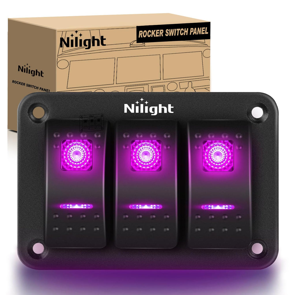 Nilight 3 Gang Aluminum Rocker Switch Panel 5 Pin ON Off Pre-Wired Pinkish Purple Toggle SPST 12V 24V Night Glow Stickers for Cars Marines Boats Campers RVs