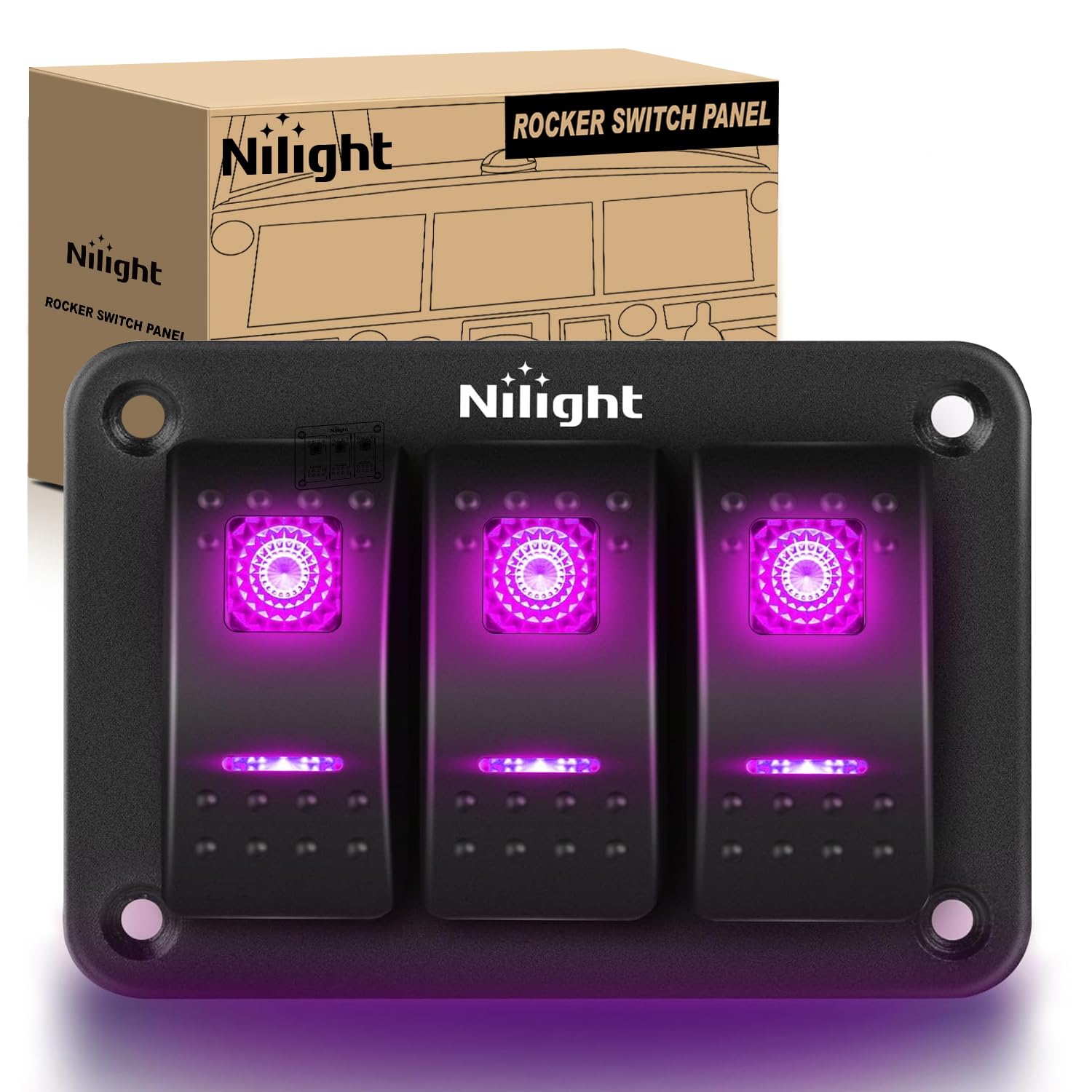 Nilight 3 Gang Aluminum Rocker Switch Panel 5 Pin ON Off Pre-Wired Pinkish Purple Toggle SPST 12V 24V Night Glow Stickers for Cars Marines Boats Campers RVs