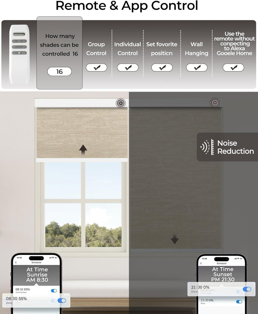 Motorized Roller Shade with Remote Control, 100% Blackout Electric Blinds for Windows with Alexa Google Home via Hub, Rechargeable Smart Automatic Customized Size（Texture-Coffee）