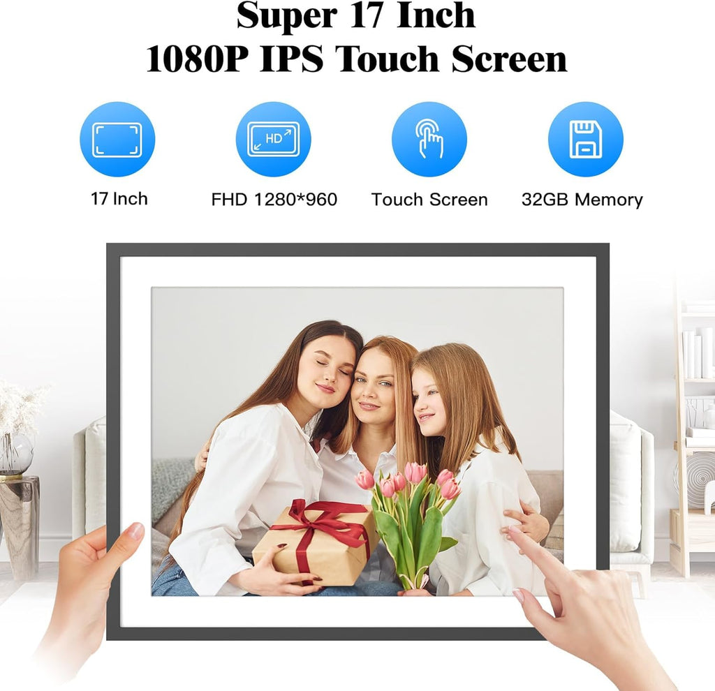 17" Digital Photo Frame Large-Digital-Picture-Frame - 32GB Touchscreen Display, Auto-Rotate, Load Photo Video from Phone to Digital Frame Via App or Email, Free Cloud, Birthday Gifts for Mom Dad