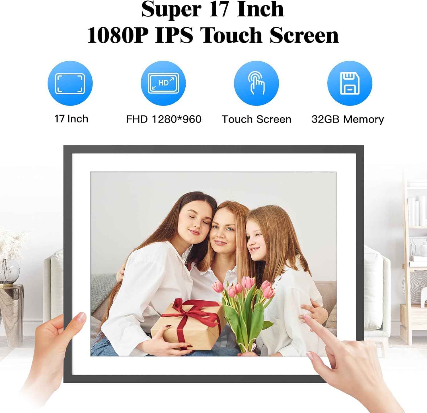 17" Digital Photo Frame Large-Digital-Picture-Frame - 32GB Touchscreen Display, Auto-Rotate, Load Photo Video from Phone to Digital Frame Via App or Email, Free Cloud, Birthday Gifts for Mom Dad
