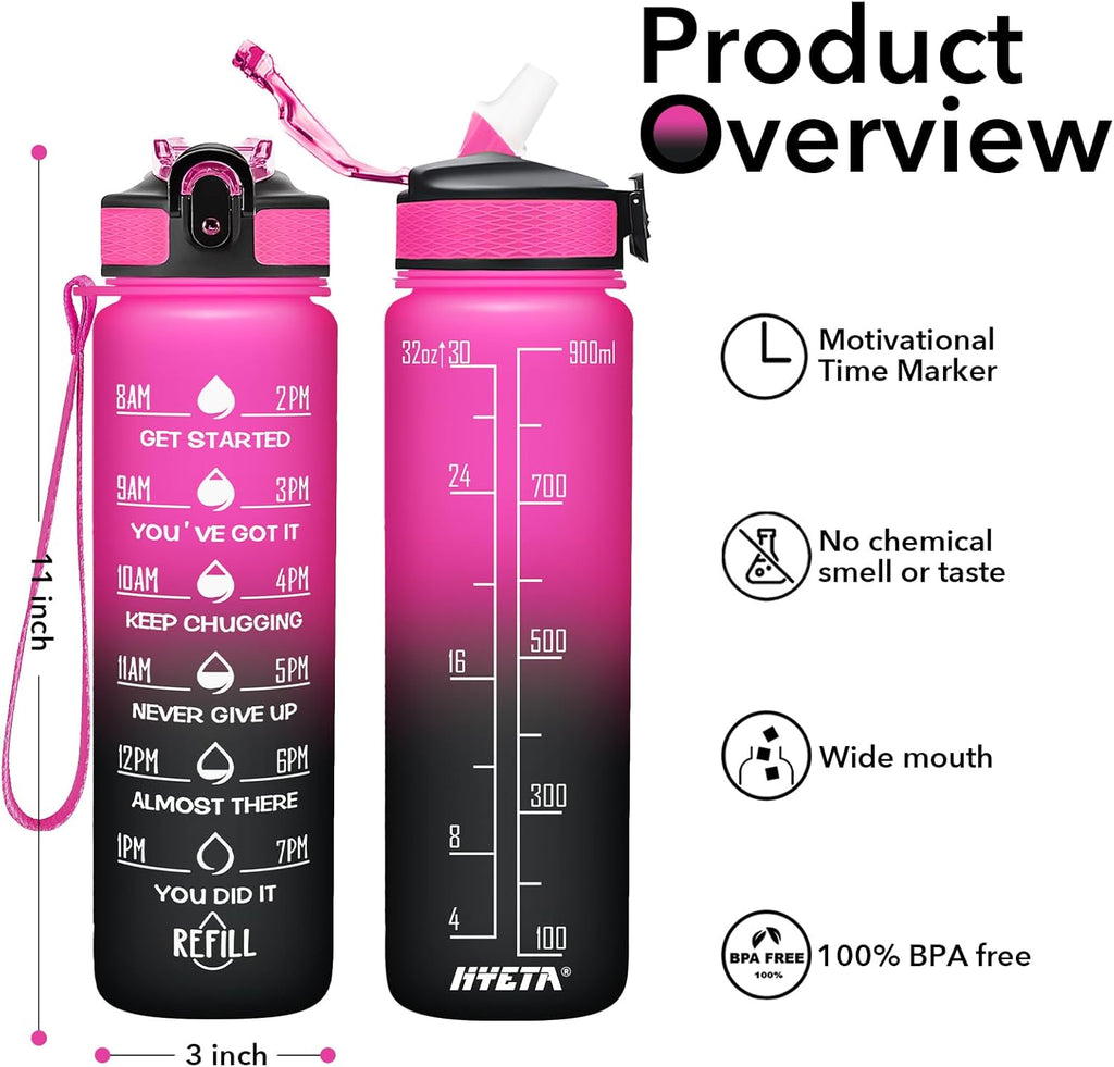 Hyeta 32 oz Water Bottles with Times to Drink and Straw, Motivational Water Bottle with Time Marker, Leakproof, Drinking Sports Water Bottle for Fitness, Gym and Outdoor