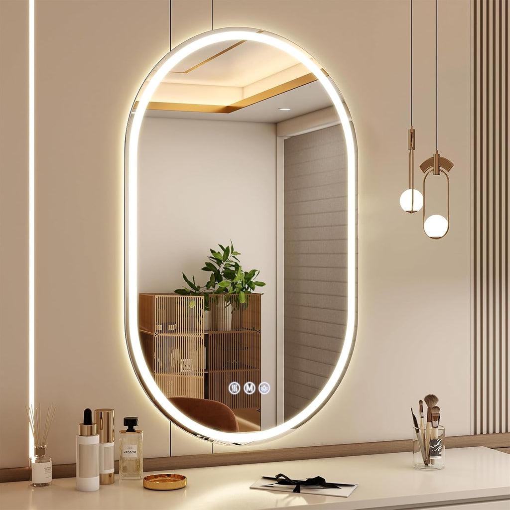 BEAUTYPEAK 48x28 LED Oval Bathroom Mirror with Lights, Anti-Fog, Dimmable, Backlit + Front Lit, Lighted Bathroom Vanity Mirror for Wall, 3 Colors, Memory Function, Tempered Glass, Shatter-Proof