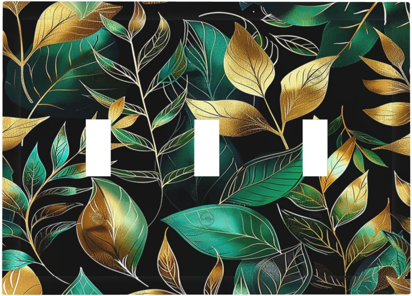 Decorative Switch Plates Vintage Dark Green Vine Leaf Golden Plants 3 Gang Wall Plate Triple Toggle Light Switch Cover Faceplate Electrical Wall Panels for Bed Room Cabin Decor
