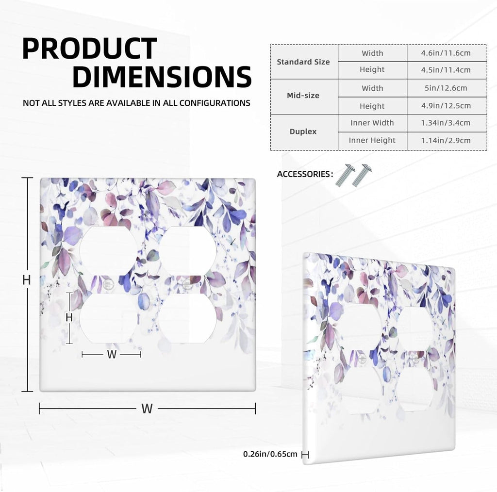 Purple Eucalyptus Watercolor Floral Rustic Leaf Outlet Covers 2 Gang Double Duplex Decorative Light Switch Covers Electrical Wallplates Socket Faceplate for Farmhouse Home Decor