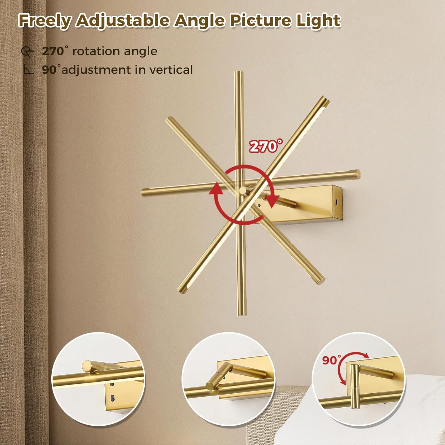Joosenlux modern brass picture light - 16in rechargeable wireless wall lights with Remote, adjustable Swing Arm, dimmable 3cct battery operated lamp for art Display, photo gallery canvas and paintings