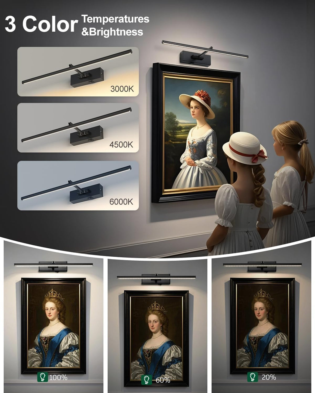 Battery Operated Picture Light with Wireless Remote 3CCT Dimmable Black Wall Art Lights for Paintings Rechargeable Home Decor Gallery Light 24’‘ Artwork Lighting for Canvas Timer Function