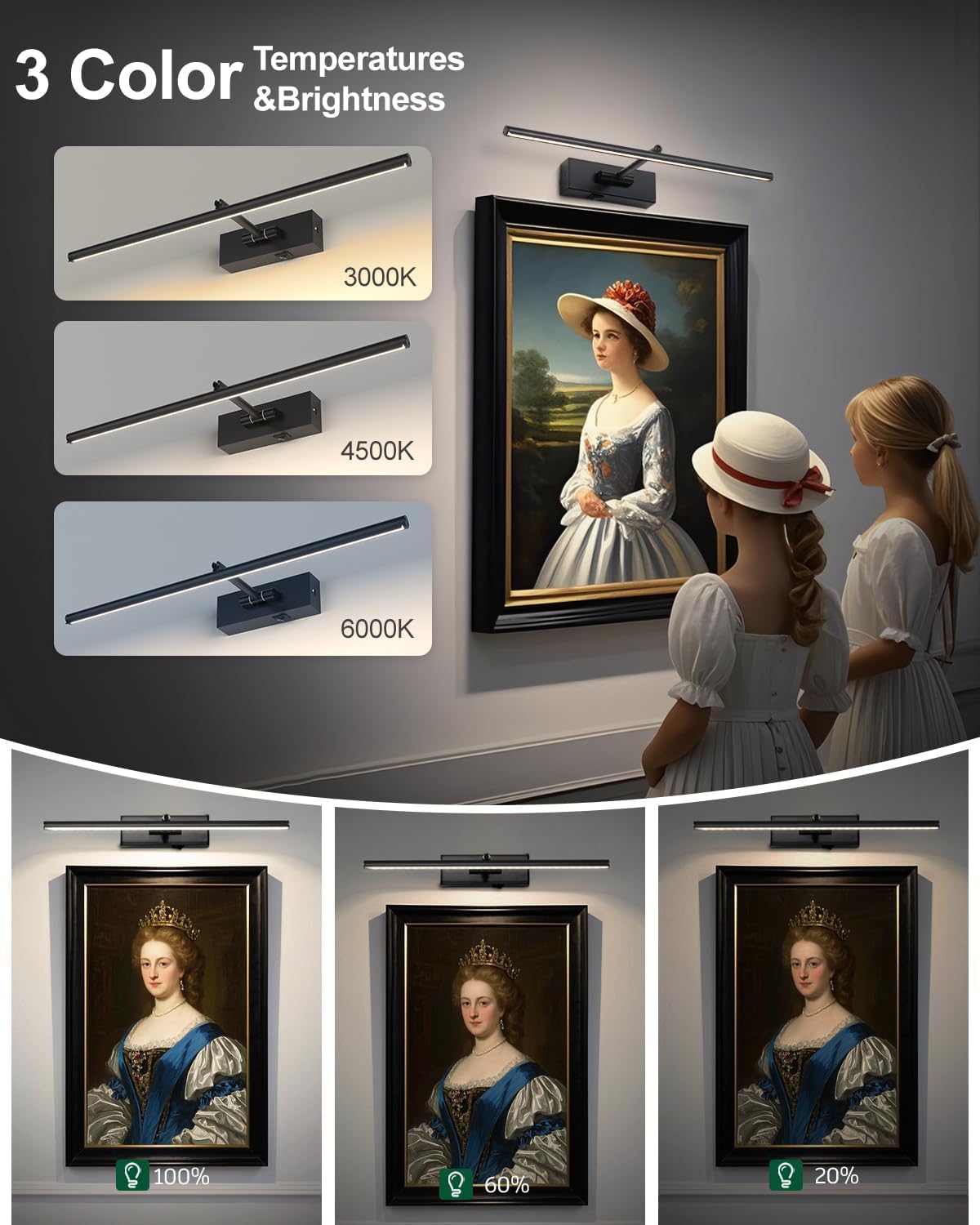 Battery Operated Picture Light with Wireless Remote 3CCT Dimmable Black Wall Art Lights for Paintings 3 Colors Rechargeable home decor Gallery Light 16’‘ Artwork Lighting for Canvas Timer Function