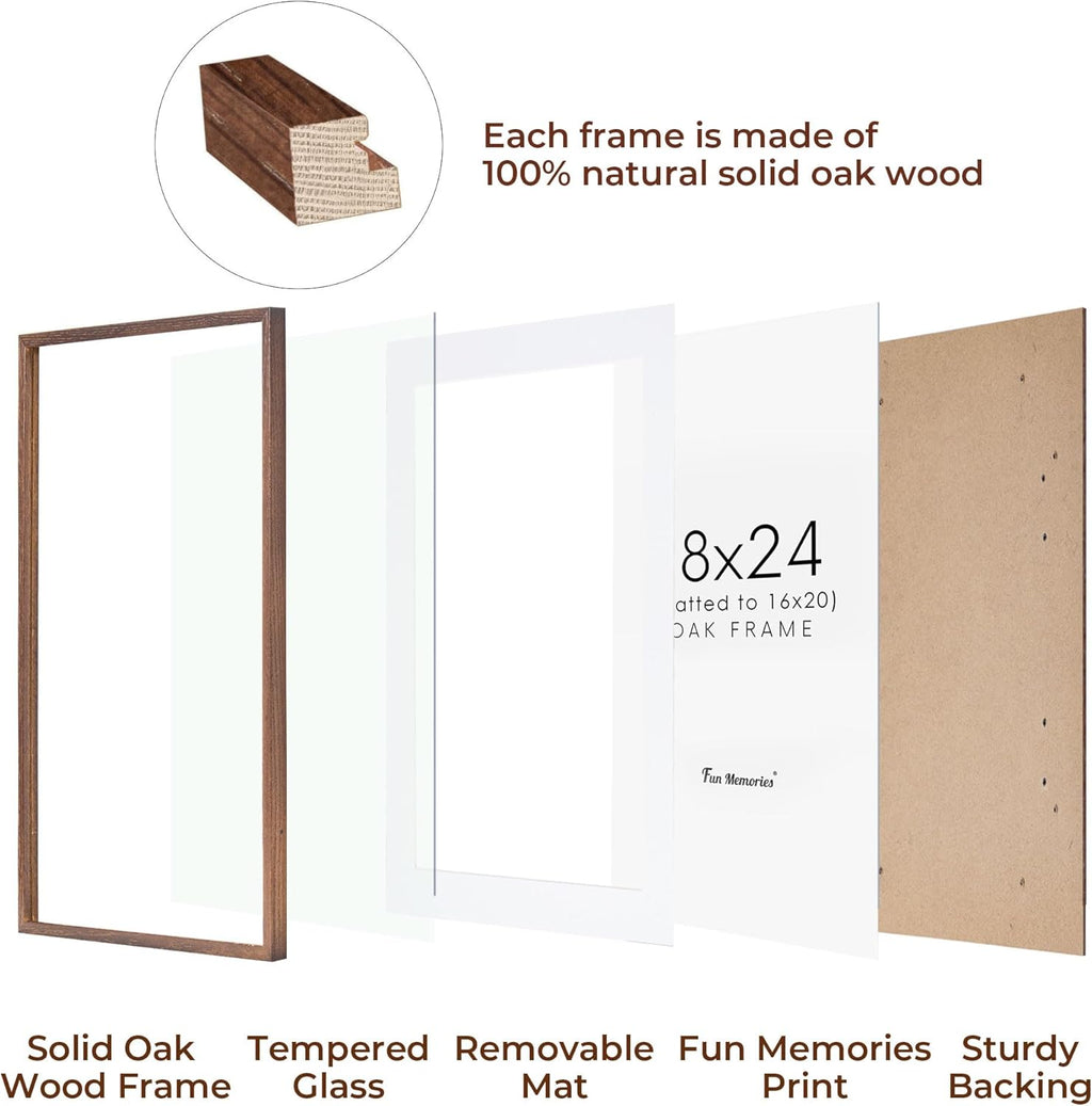 Fun Memories 18x24 Wood Frame, Natural Solid Oak Wood Poster Frame 24 x 18 with Tempered Glass, Wood Picture Frame 18 x 24 for Posters, 18''x24'' Matted Frame for 16x20 Picture, Walnut Color
