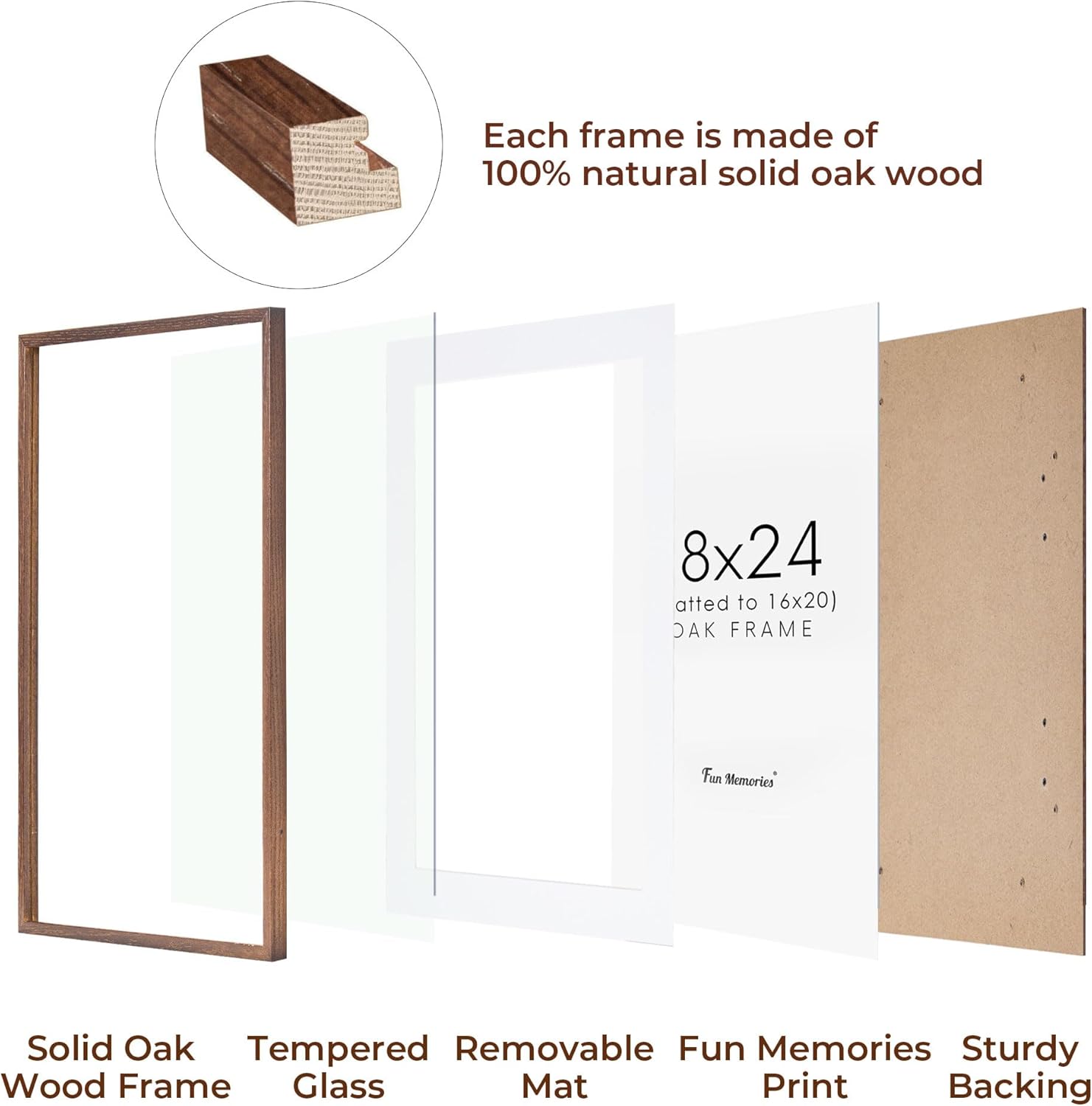 Fun Memories 18x24 Poster Frame, Solid Oak Wood 18 by 24 Picture Frame Set of 2, 18x24 Wood Frames with Tempered Glass, 18 x 24 Frame with Mat for 16 x 20, Large Wooden Art Frame, Walnut Color