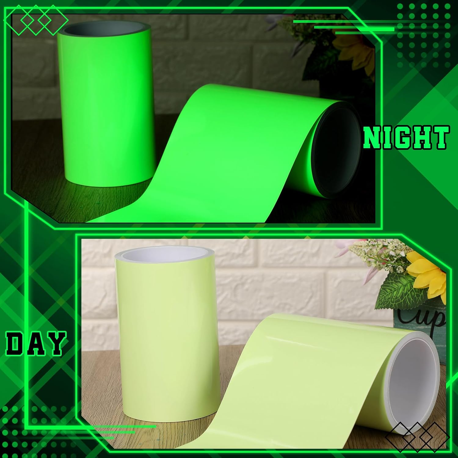 2 Rolls Glow in The Dark Tape 16.4 ft x 6 Inch Luminous Phosphorescence Green Long Lasting Bright Glow Tape for Halloween Night Decorations, Theater Stages, Stairs, Walls, Steps and Exit Sign