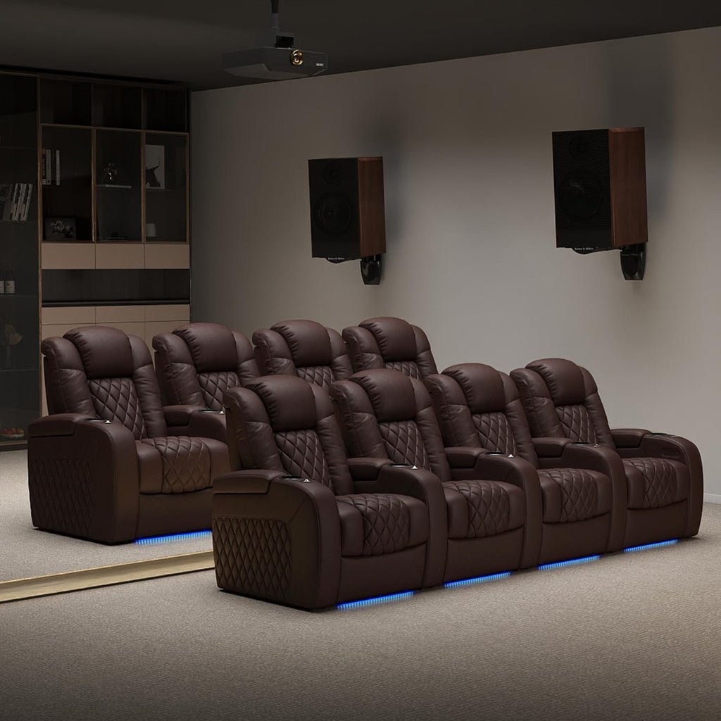 Weilianda Home Theater Seating Top Grain Leather Zero Gravity Recliner Chair Power Headrest Recline Movie Seat Gaming 7 Colors Mood Light Sofa with Tray Table USB Charge Row of 4 Loveseat Left Brown