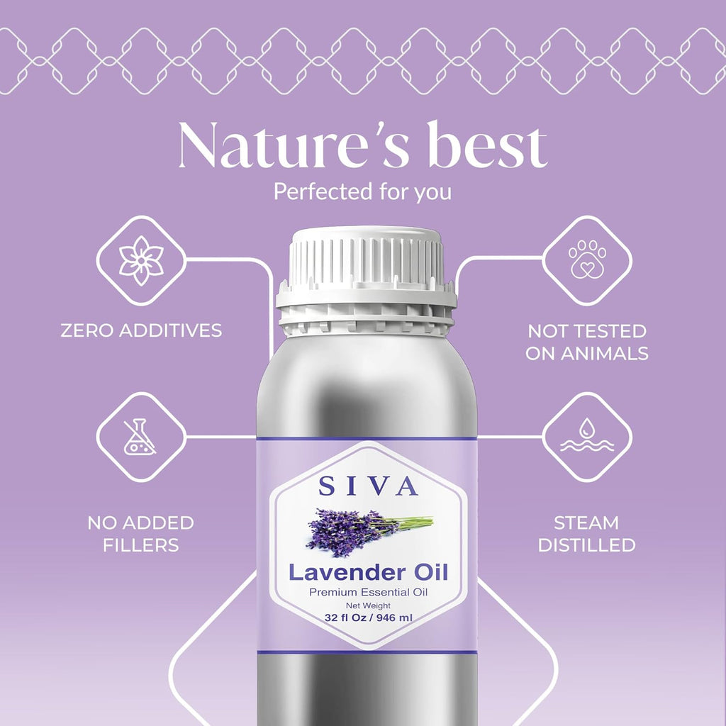 Siva Lavender Essential Oil – 32 Fl Oz – 100% Natural Lavender Oil - for Diffuser, Hair Care, Face, Skin Care, Aromatherapy, Scalp and Body Massage, Soap and Candle Making