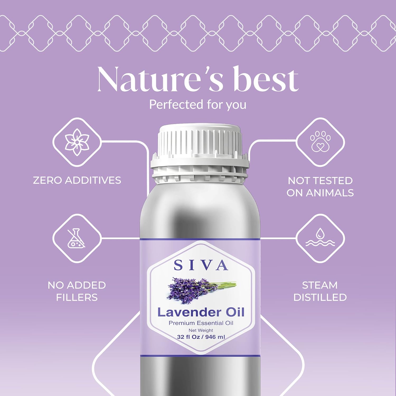 Siva Lavender Essential Oil – 32 Fl Oz – 100% Natural Lavender Oil - for Diffuser, Hair Care, Face, Skin Care, Aromatherapy, Scalp and Body Massage, Soap and Candle Making