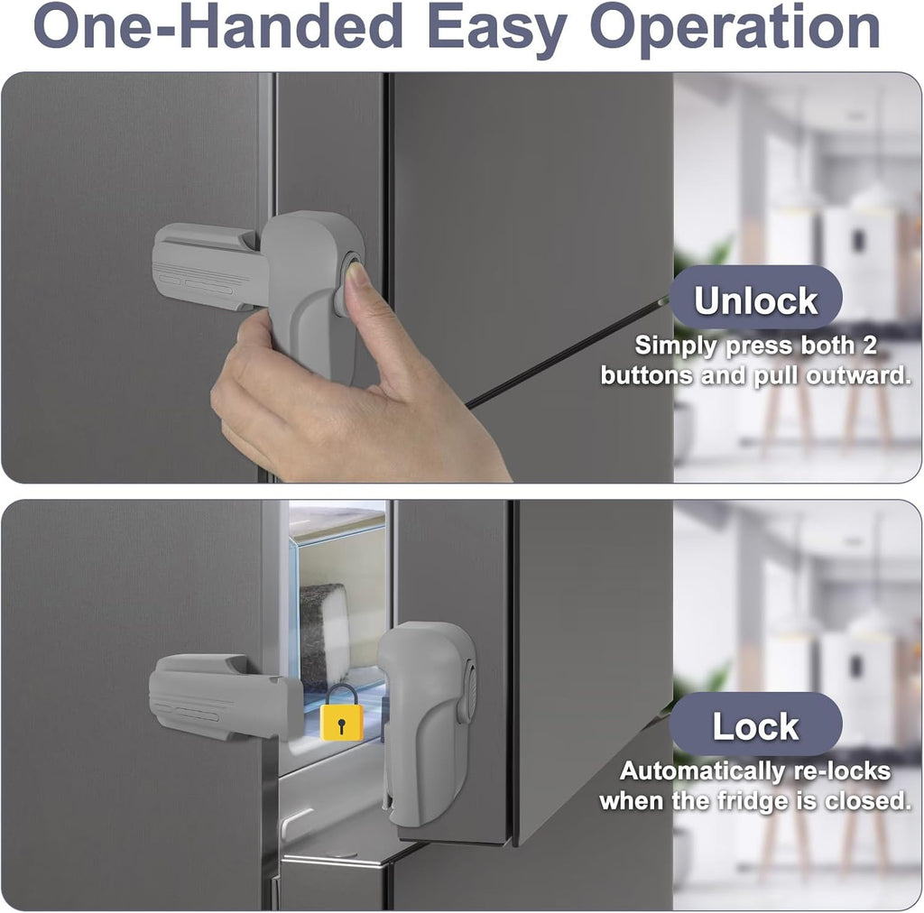 Fridge Lock for Kids, Childproof Refrigerator Door Lock, Fridge Latch with 3M Adhesive, Freezer Locks Automatically Closed, No Drill No Screw, More Security for Kids/Pets (2 Pack, Gary)